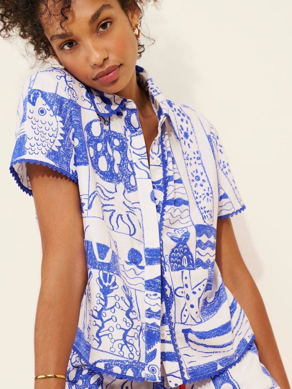 FARM Rio Nautical Blue and White Button Down Shirt Size Medium